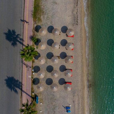 Sahil şemsiyeleri sakin denizin yanında, kumlu sahilde düzgünce dizilmiş..