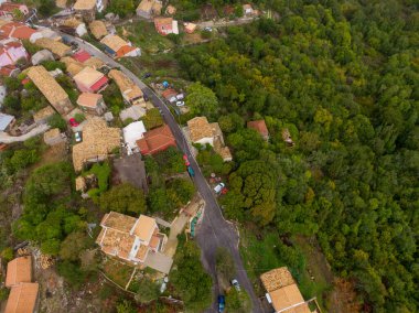 Yeşillik bir ormanın yakınındaki köyün havadan görünüşü..