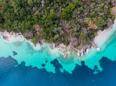 Bereketli yeşil bir adanın kristal berraklığında turkuaz suyla buluşmasının havadan görüntüsü..