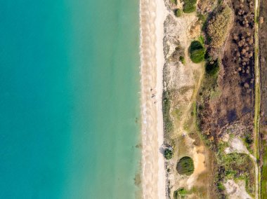 Turkuaz suyun havadan görünüşü kumlu bir sahil ve bitki örtüsü ile buluşuyor..