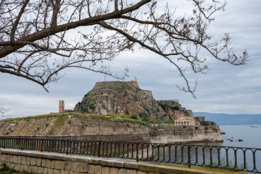 Çıplak ağaç dallarıyla çerçevelenmiş kayalık bir tepenin tepesine tünemiş antik bir kalenin manzarası..