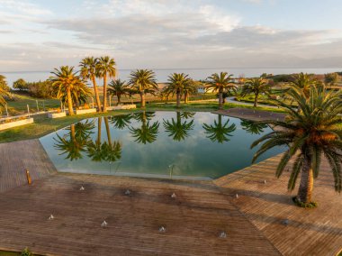 Havuzun yukarıdan görünüşü, çevresini çevreleyen yemyeşil palmiyeleri yansıtıyor, bir güverte ve sakin bir okyanus ufkuyla tropikal bir ortam yaratıyor..