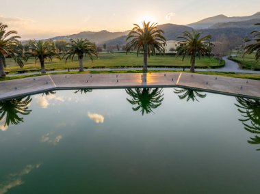 Huzurlu bir manzara, sakin bir havuza yansıyan palmiye ağaçları ve rahatlatıcı bir kaçış için uzak mesafede altın bir günbatımı..