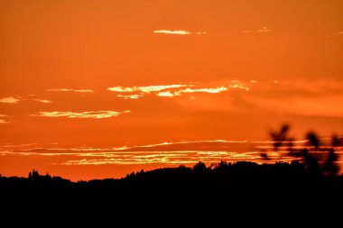 Parlak turuncu bir günbatımı gökyüzünü aydınlatarak siluetli ağaçlar ve uzak tepelerle çarpıcı bir tezat oluşturuyor. Bulutlar kalıyor.