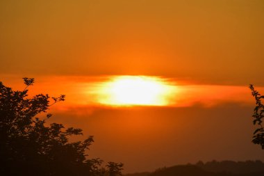Kızgın bir güneş ufkun altına batar, siluetli ağaçlar ve puslu bir gökyüzü tarafından çerçevelenir, sıcak, dramatik bir günbatımı manzarası yaratır..