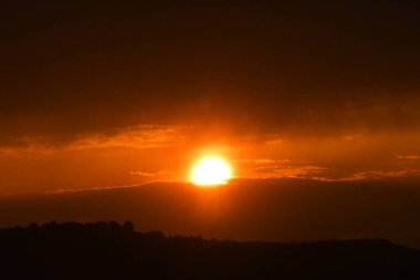 Güneş batarken gökyüzü canlı turuncuyla yanıyor. Ağaçlardan ve bulutlardan oluşan bir siluet, alacakaranlıktaki dramatik sahneye derinlik katar..