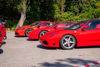 Dışarıda parlak kırmızı spor arabalardan oluşan bir sıra var. Arabalar yeşil bir zemine karşı açık alanda konumlandırıldı..