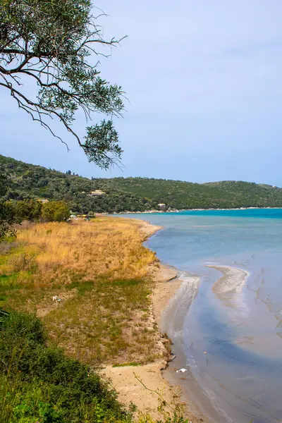 Bir gölün dikey manzarası. Kıyı şeridi yemyeşil ve ormanlık tepelerle buluşuyor. Arka planda parlak bir gökyüzüne karşı..