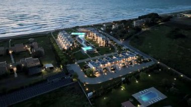 Yunanistan 'ın Korfu kentindeki Thalassa Suitleri' nin hava kararma manzarası. Lüks Havuz Modern Mimarisi olan Lüks Otel. Akdeniz Tatillerini Rahatlatmak İçin Mükemmel