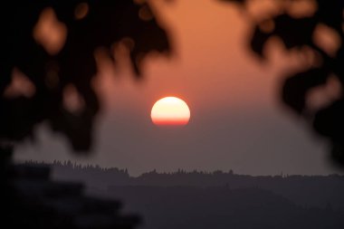 Gün batımının huzurlu manzarası. Büyük, parlayan güneş siluetli tepelerin ve bir ormanın arkasında batıyor. Yapraklar alacakaranlık sahnesini çerçeveliyor.