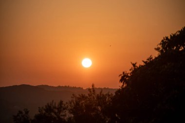 Parlak turuncu bir günbatımı gökyüzünü doldururken tepeler siluetlerle kaplı, ağaçların tepelerini ve uzak ufuk çizgisini parlak renklerle aydınlatıyor..