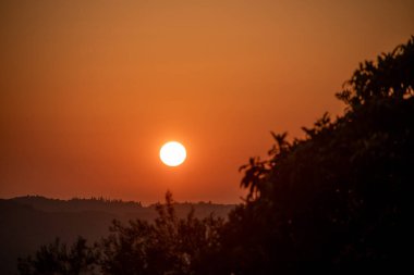 Turuncu bir günbatımı ufku aydınlatıyor, siluetli ağaçlar ve uzak tepeler sakin, doğal bir manzara yaratıyor. Işık huzur veriyor..