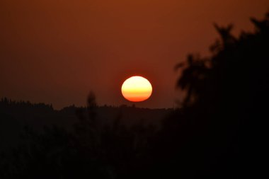 Canlı bir güneş ufka hükmediyor siluetli ağaçların üzerine sıcak bir parıltı saçıyor ve sakin, büyüleyici bir manzara yaratıyor..