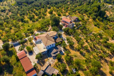 Zeytin ağaçlarının arasına yerleştirilmiş çan kulesi olan tarihi bir Yunan manastırının insansız hava aracı görüntüsü. Geleneksel bir köyde güneşli bir yaz gününde Idyllic Akdeniz kırsal arazisi.