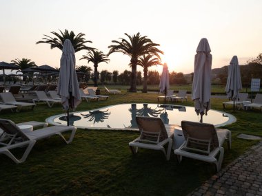 Siluetli palmiye ağaçları ve şezlonglarla dolu lüks bir yüzme havuzu üzerinde sakin bir gün doğumu. Sakin ve yansıtıcı suyu olan bir tropikal ya da Akdeniz 'de huzurlu bir sabah tatili sahnesi