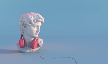 David sculpture wearing headphones around his neck. 3D render. Copy space for text clipart