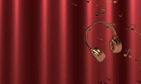 Золоті Навушники Музичні Ноти Атласному Червоному Тлі Копіювати Простір Тексту Ліцензійні Стокові Зображення