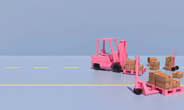 Pink warehouse truck, allet jacks lift, hand truck and many boxes on blue background. Warehouse concept.Copy space for text. 3D rendered illustation