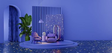 Modern koltuklu, şık dekorlu, 3D resimli lüks bir menekşe oturma odası.