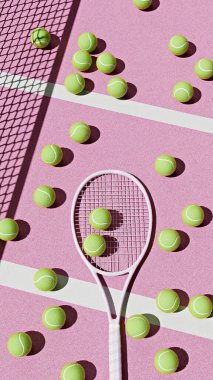 Pembe kortta tenis raketi ve tenis topları, 3 boyutlu resimleme 