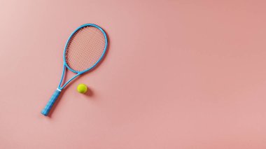 Turuncu arka planda Mavi Tenis Raketi ve Tenis Topu, üç boyutlu resimlendirme