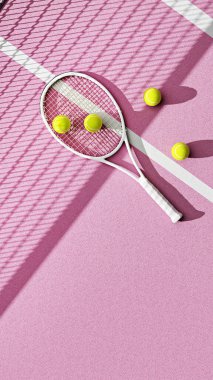 Pembe korttaki tenis raketi ve tenis topları, 3D resimli.