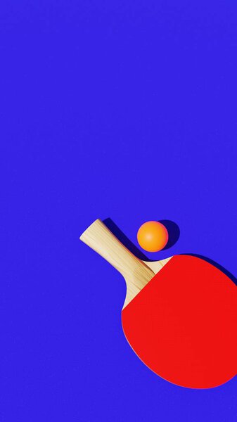 Red Table Tennis Paddle and Tennis Ball on a blue background, 3D rendered illustration