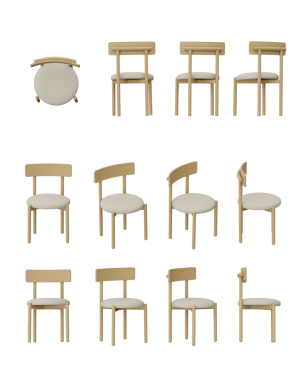 Farklı açılardan ahşap sandalye şeffaf arkaplanda izole edilmiş, 3D resimlendirilmiş