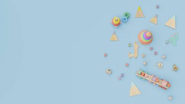 Montessori konsepti, mavi arka planda ahşap oyuncaklar, 3D resimleme