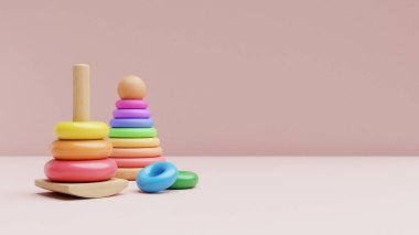 Montessori konsepti, pastel arka planda yüzük dizme oyuncağı, 3 boyutlu resimleme