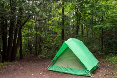 Michigan 'daki bir kamp alanında yeşil bir çadırın geniş açılı görüntüsü.