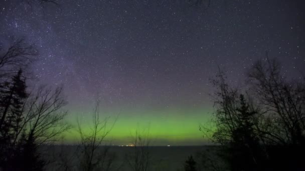 Fisheye Timelapse Aurora Dancing Lake Superior — Stock Video