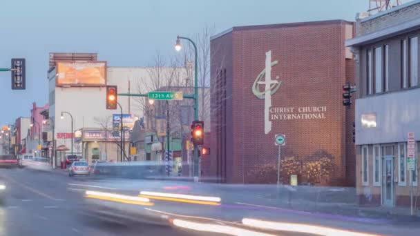 Minneapolis March 2021 Telephoto Shot Christ Church International Illuminated Twilight — Stock Video