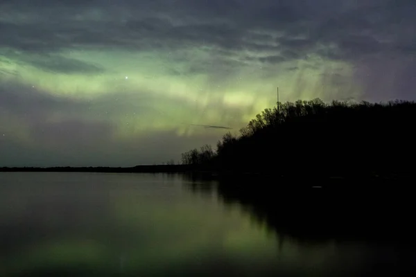 Northern Lights Reflect Mouth Black River Northern Michigan Partly Cloudy — Stock Photo, Image