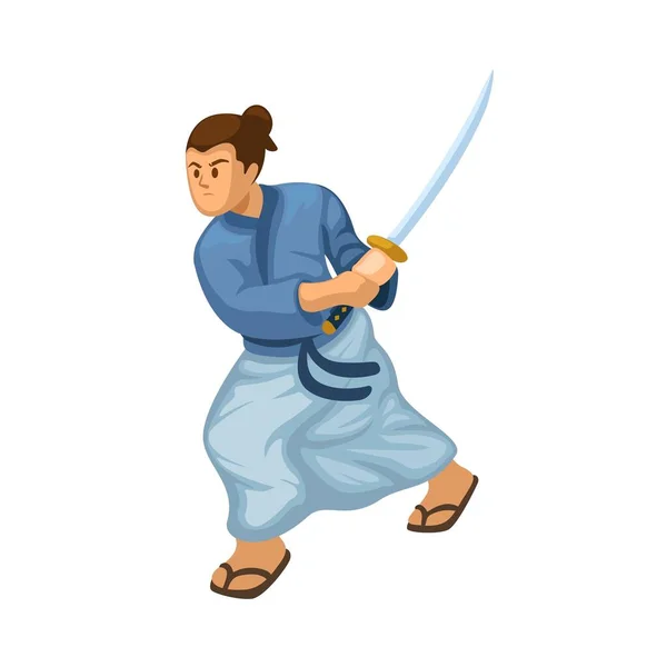Samurai Azione Posa Figura Cartone Animato Illustrazione Vettore — Vettoriale Stock