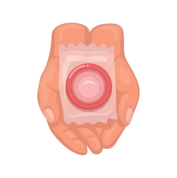 手の中のコンドーム 性教育イラストベクトルの避妊シンボル — ストックベクタ