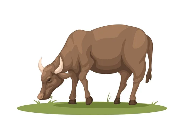 Farm Buffalo Mange Herbe Animal Rural Symbole Vie Dessin Animé — Image vectorielle
