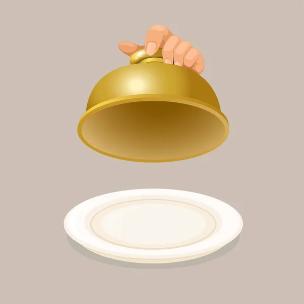 Ruční Kuchař Zvedání Víka Zlaté Jídlo Servírující Jídlo Kreslený Realistický — Stockový vektor