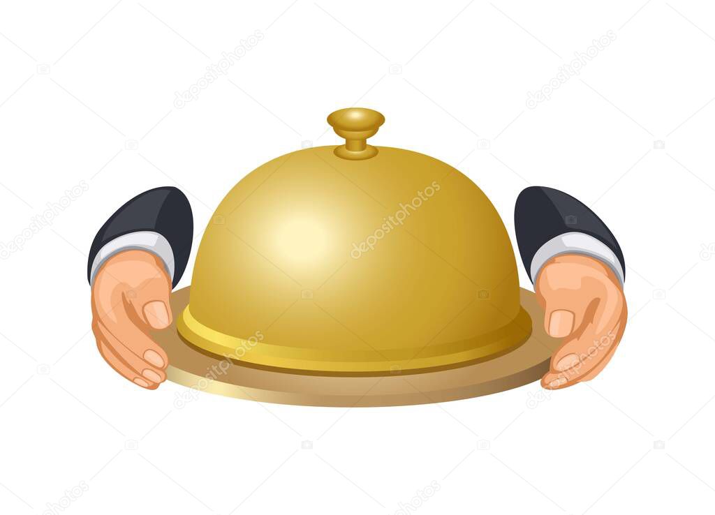 Hand carrying food in a golden serving lid cartoon illustration vector