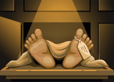 Dead body foot with tag in morgue criminal investigation scene cartoon illustration vector 