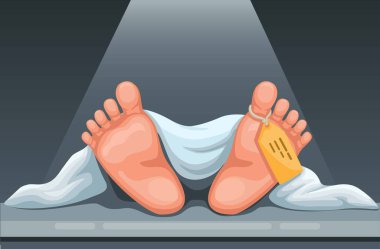 Dead body foot with tag health problem and criminal scene cartoon illustration vector 