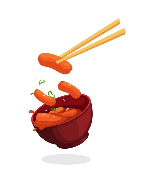 Tteokbokki Skål Och Ätpinnar Koreanska Street Food Symbol Tecknad Illustration — Stock vektor
