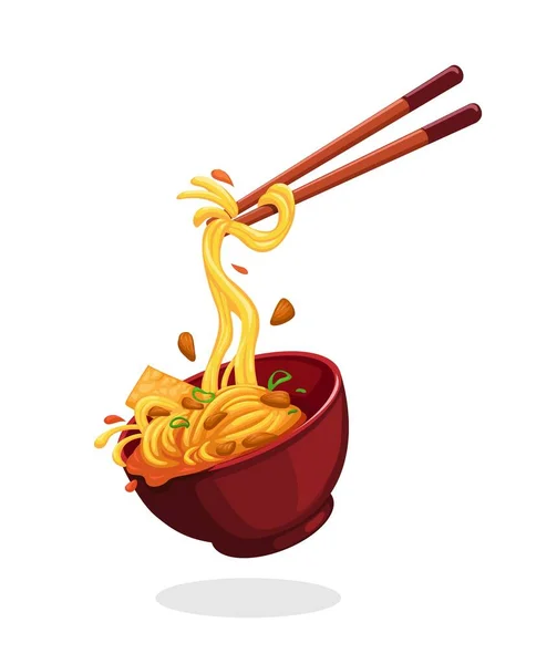 Kip Noodle Voedsel Kom Eetstokje Symbool Cartoon Illustratie Vector — Stockvector