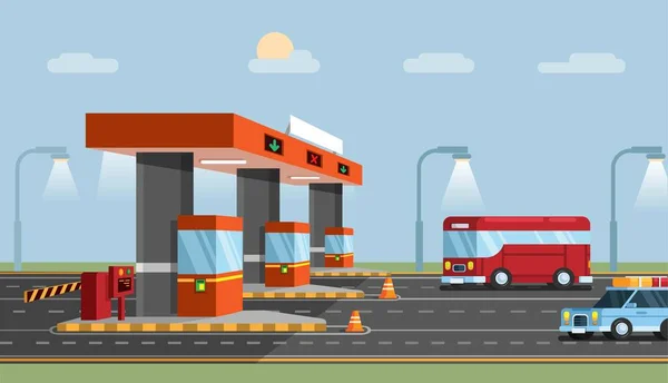 Highway Toll Gate Car City Transport Road Flat Cartoon Illustration — Stock Vector