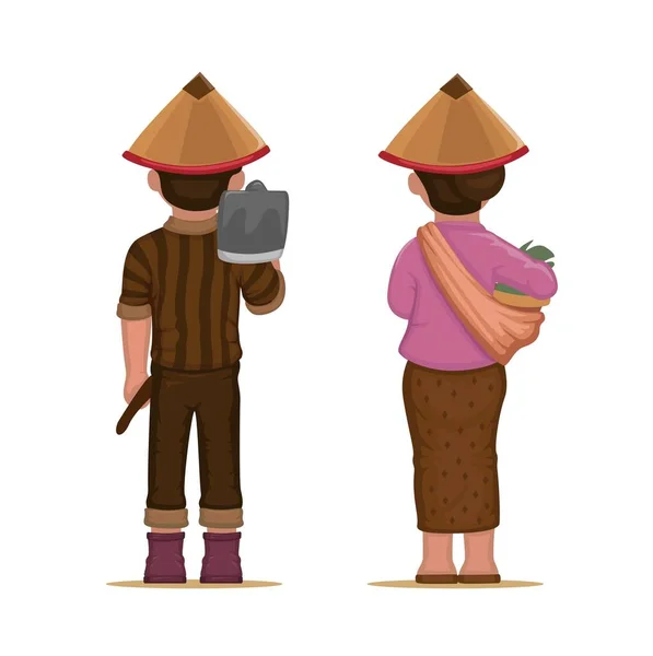背面から見たアジアの農家労働者カップルキャラクターセット漫画イラストベクトル — ストックベクタ