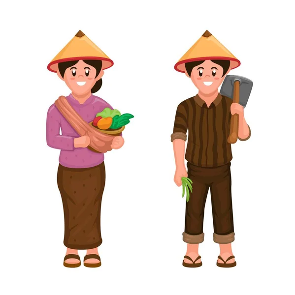 アジアの農家のカップル家族の文字伝統的な服のシンボルセットイラストベクトル — ストックベクタ