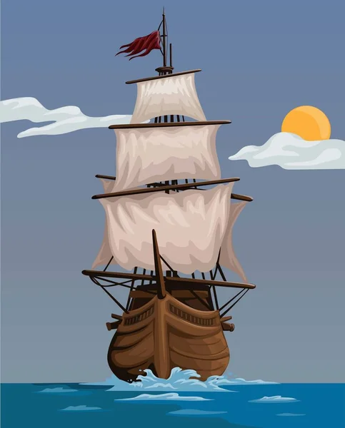 Pirata Nave Legno Antico Watercraft Fumetto Illustrazione Vettoriale — Vettoriale Stock