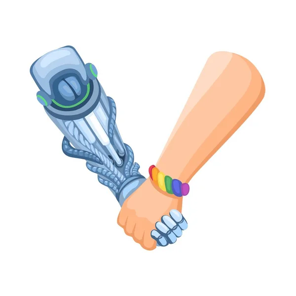 Hand Dragen Lgbt Armband Houdt Handdruk Met Cyborg Hand Robot — Stockvector