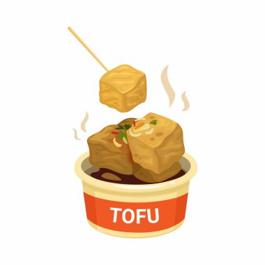 Tofu Fried veya Kokuşmuş Tofu Asya Geleneksel Sokak Gıda Çizgi Filmi Çizim Vektörü