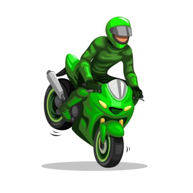 Motorsport Sürücüsü Serbest Stil Stoppie Trick Çizgi Film Çizim Vektörü